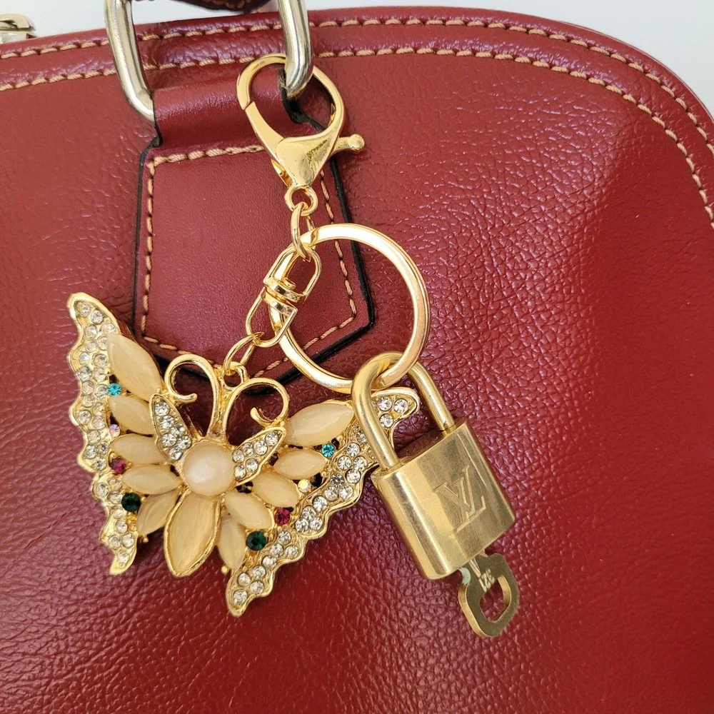 Louis Vuitton Padlock 321 & Jeweled Butterfly Bag Charm Gold Keychain Accessory